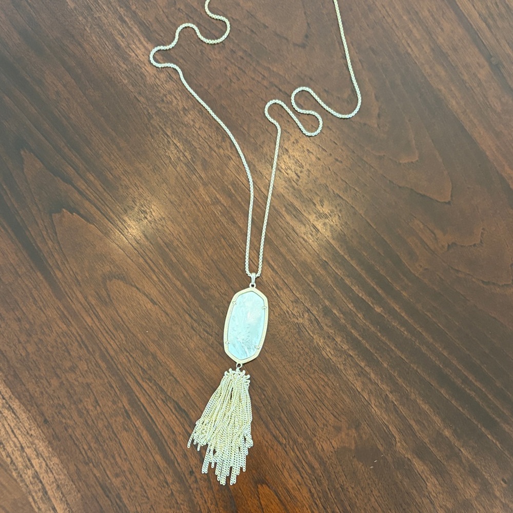 Kendra Scott Gold Tassel Necklace with Opal White stone Pendant